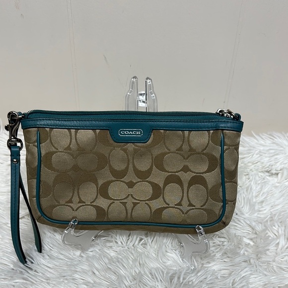 Coach Handbags - Coach Tan and Teal Clutch Wristlet